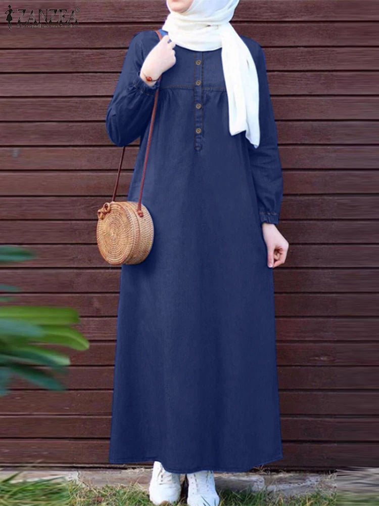 ZANZEA Denim Blue Muslim Hijab Abaya Robes Autumn 2024 Long Sleeve Loose Casual Islamic Maxi Dress Solid Women Kaftan Dresses