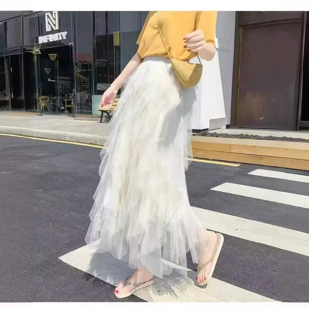 2025 New Fashion Tutu Tulle Skirt Women Long Maxi Skirt Spring Summer Korean Black Pink High Waist Pleated Skirt Female One Size