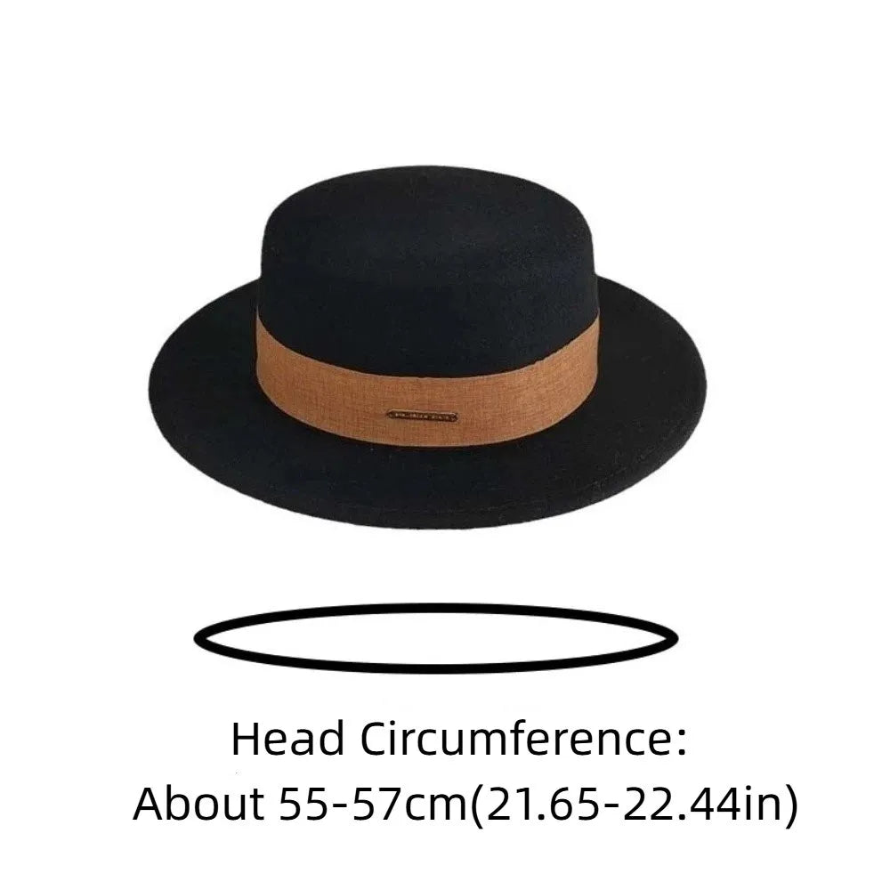 Women's Elegant Woolen Formal Hat Autumn and Winter Black Vintage Lady British Style Flat Top Hat Stage Accessories