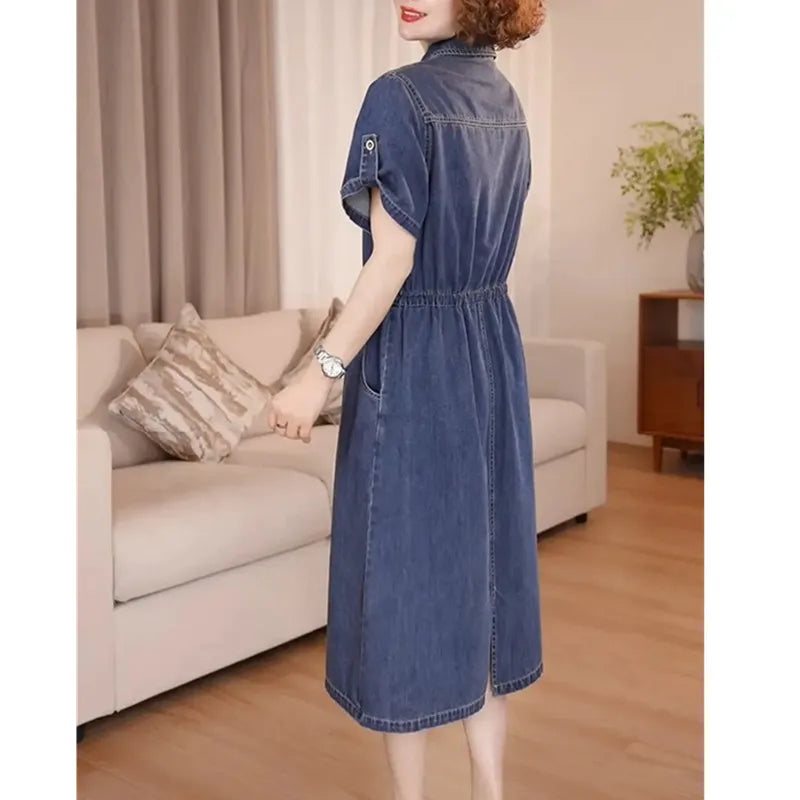 Denim Dress For women Summer 2025 New Female Single Breasted Short sleeved Slim Temperament Casual Dresses With pockets