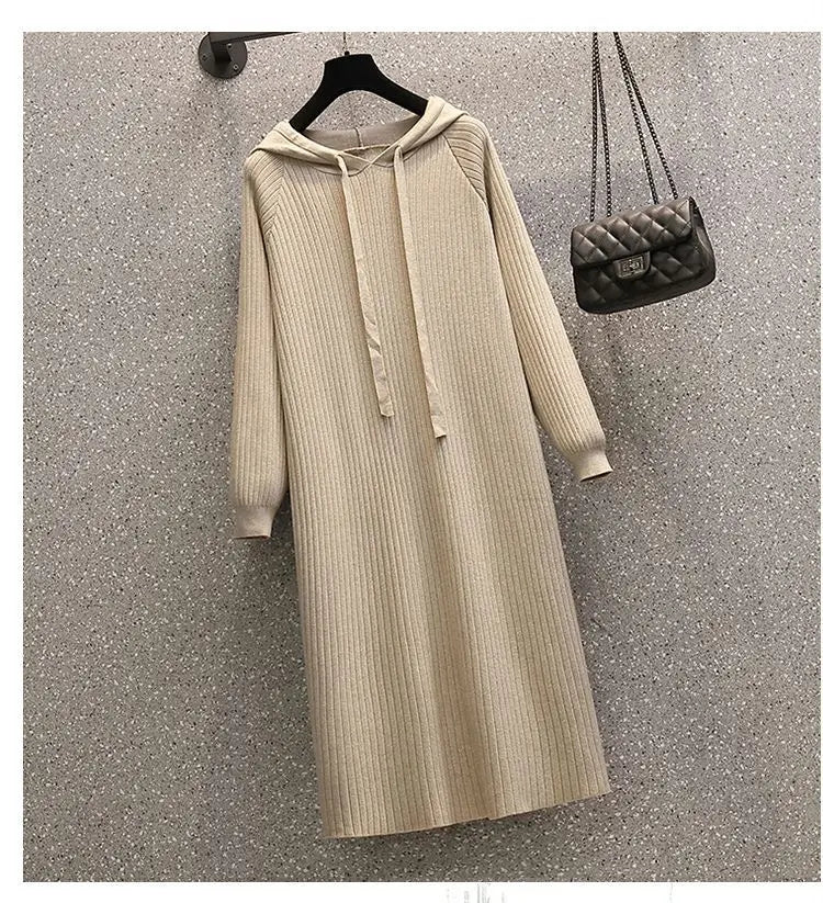 Plus Size 5XL 150KG Casual Women Knitted Maxi Dress Spring Elegant Ribbed Long Sleeve Dress Ladies Hooded Dress