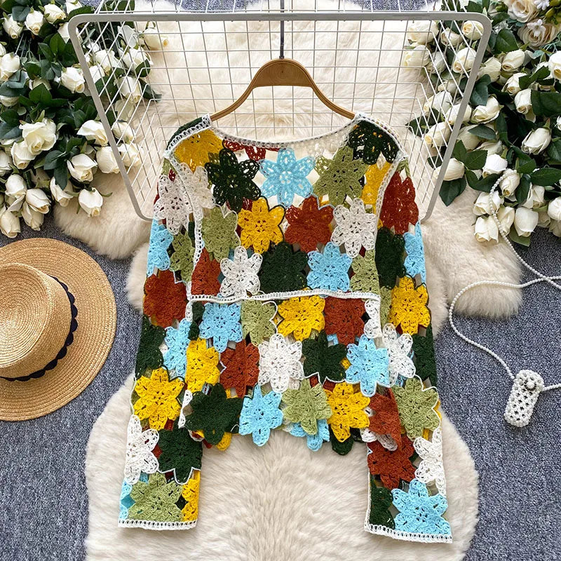 Hollow Out Bohemian Cardigans Women V neck Long Sleeve Colorful Floral Top Fashion Vintage Vacation Beach Loose Blouse