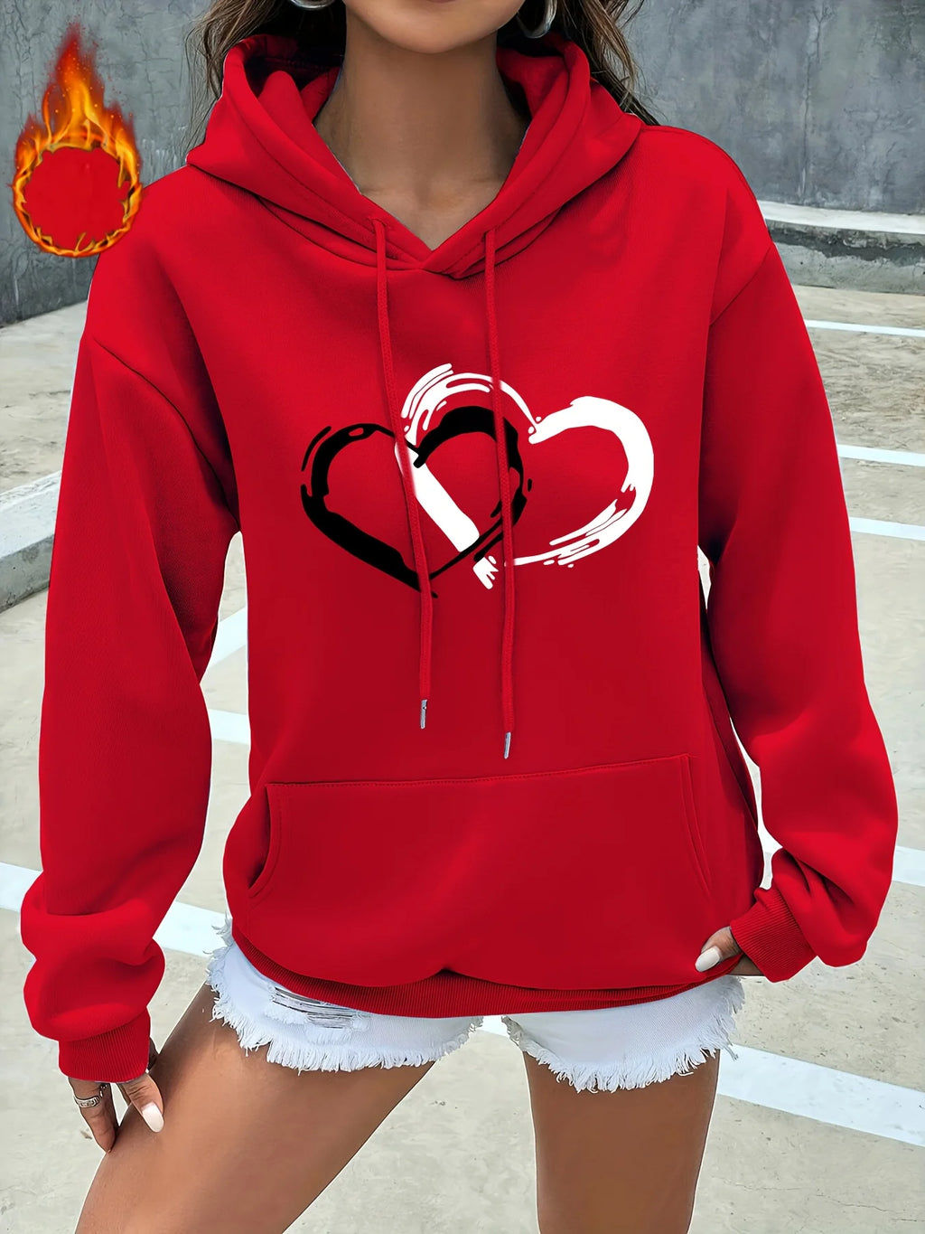Heart Print Kangaroo Pocket Hoodie Casual Long Sleeve Drawstring Hoodies Sweatshirt for Winter & Autumn Women's Clothing
