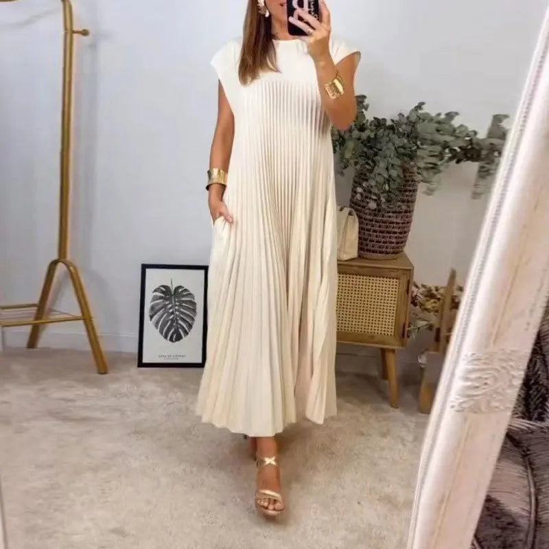 Women's Sleeveless Dress, Mid-Length Pleated Solid-Colour Round Neck Loose-Fit Casual Long Dress for Everyday Commuting
