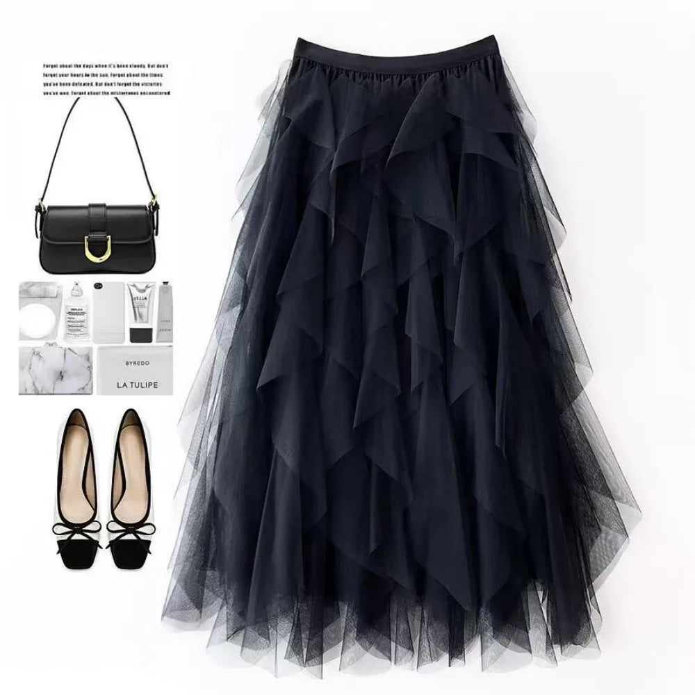 2025 New Fashion Tutu Tulle Skirt Women Long Maxi Skirt Spring Summer Korean Black Pink High Waist Pleated Skirt Female One Size