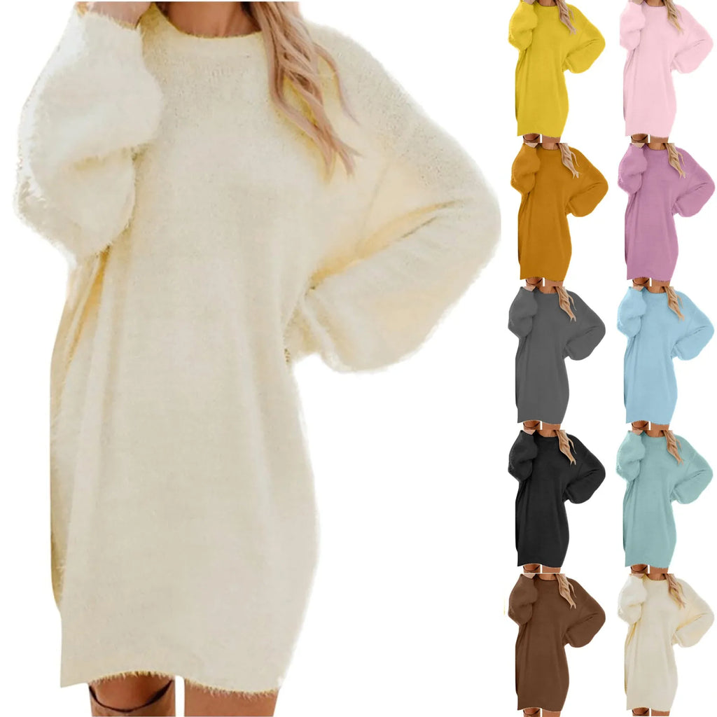Women Winter Sweater Knit Crewneck Warm Long Sleeve O-Neck Casual Sweatshirts Solid Color Oversized Basic Ladies Cloth