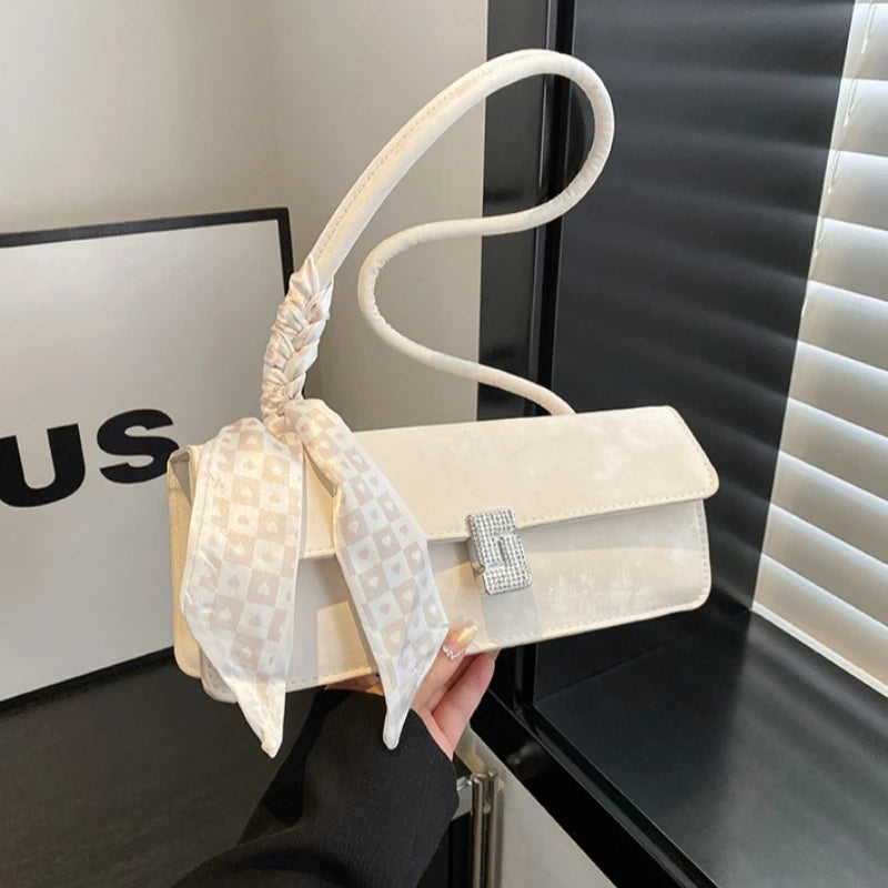 Trendy Elegant Shoulder Purse ,with Silk Scarf Accent Rhinestone Buckle Handbag Versatile Women's Bags Daily Casual Underarm Bag