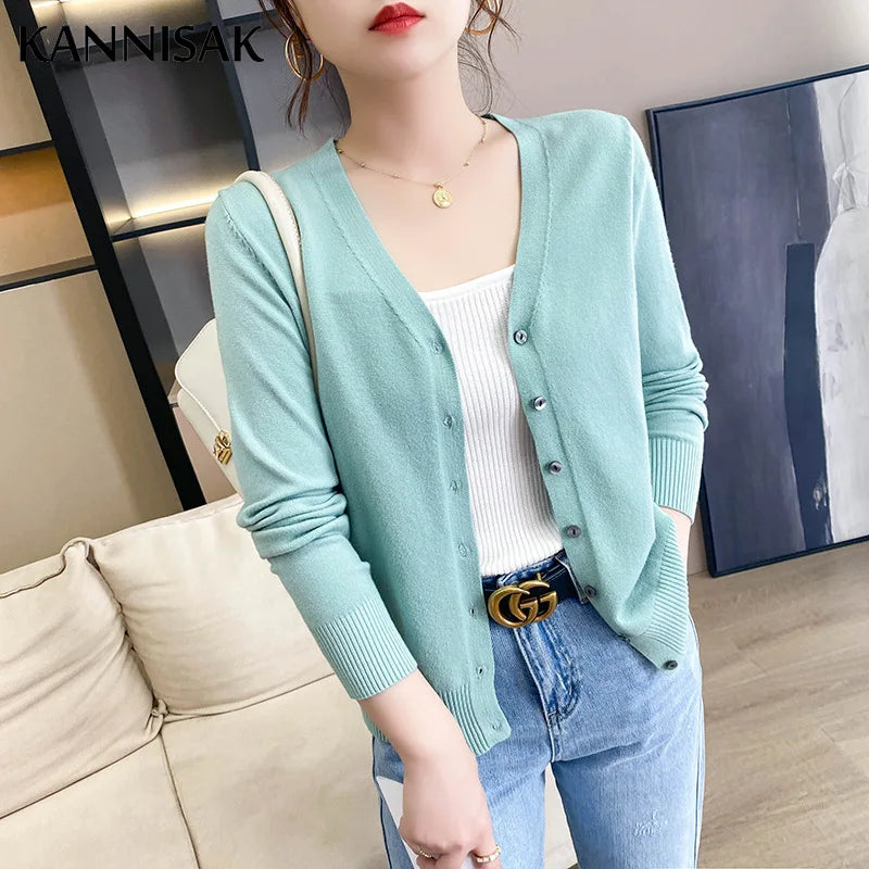 Spring Autumn Women Cardigans Loose Solid Single Breasted V-neck Pink Red Fashion Cardigan Jumpers Knitwear 2025