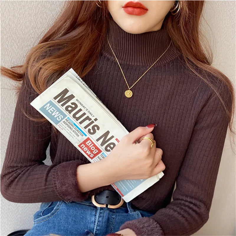Women's Turtleneck Sweater Winter 2026 with Velvet Lining Thickened Inner Wear Thermal Knitting Bottoming Shirt Pullovers