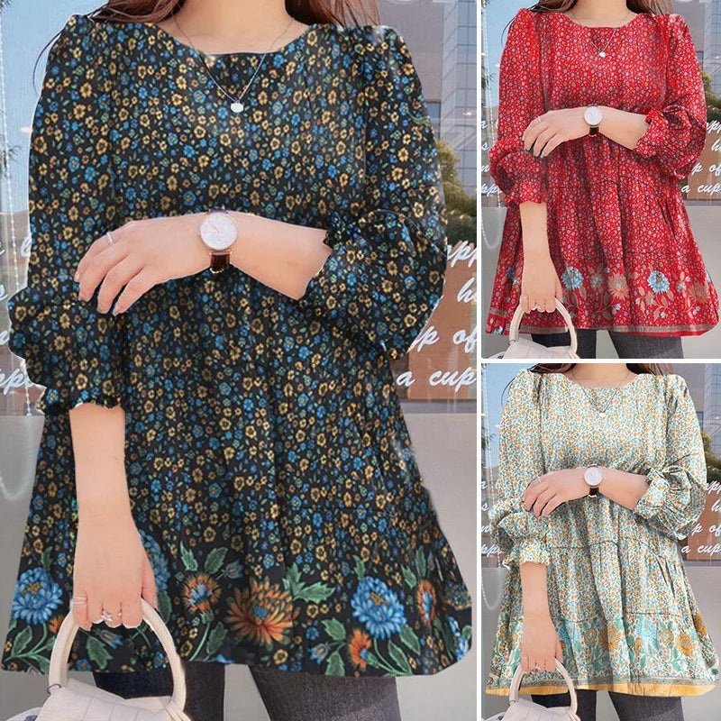 2023 Autumn Winter Womens Blouse Round Neck Fashion Ruffled Shirt Casual Loose Floral Print Top Femme Bubble Sleeve Pullover