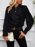 Autumn Fashion Ruffled Collar Solid Color Long Sleeve Shirt for Women Tops Satin-Like Button-Down Elegant Blouse
