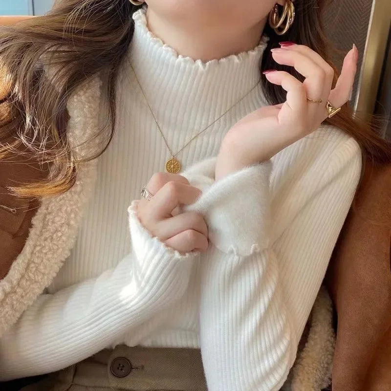 New Autumn/winter Velvet Thick  Sweater Women's Casual Half High Collar Cozy  Pullover Elegant Office Lady Warm Base Knit Top