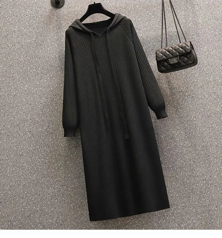 Plus Size 5XL 150KG Casual Women Knitted Maxi Dress Spring Elegant Ribbed Long Sleeve Dress Ladies Hooded Dress