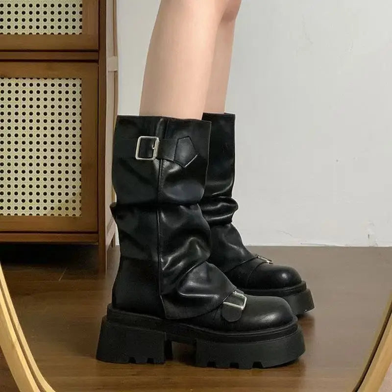 Women  Mid-Calf Women's Boots Platform Modern Boots Women Buckle Square Toe Side Zip Square Heel Shoes Female
