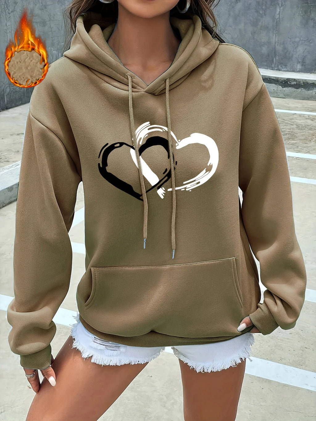 Heart Print Kangaroo Pocket Hoodie Casual Long Sleeve Drawstring Hoodies Sweatshirt for Winter & Autumn Women's Clothing