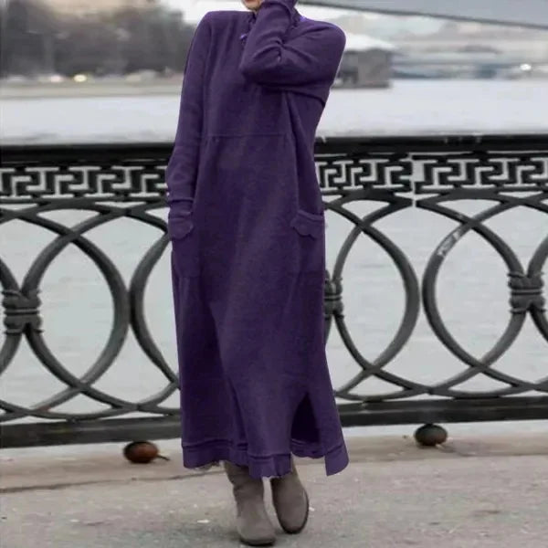 2024 Autumn Winter New Long Dresses For Women Flower Lace Edge Loose Maxi Dress Casual Long Female Solid Color Pocket Vestidos