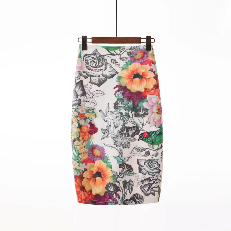 Fashion Midi Skirt For Women Flora Printed High Waist Pencil Skirt Female Causal Flower Bodycon Skirt With Slit