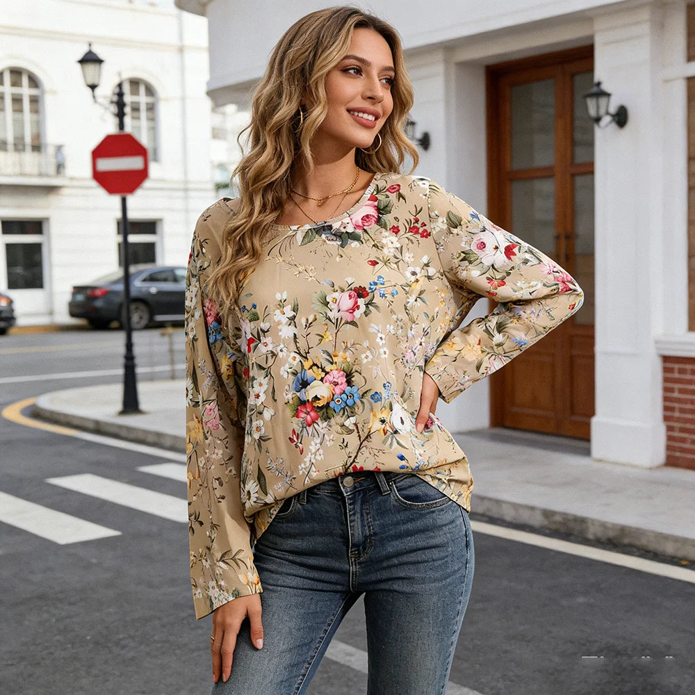 Bohemian Floral Print Long Sleeve Blouse – Casual Loose Fit Top for Women