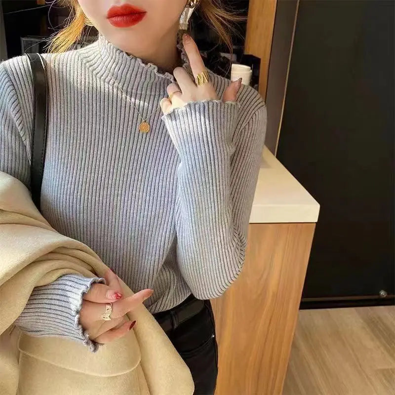 New Autumn/winter Velvet Thick  Sweater Women's Casual Half High Collar Cozy  Pullover Elegant Office Lady Warm Base Knit Top