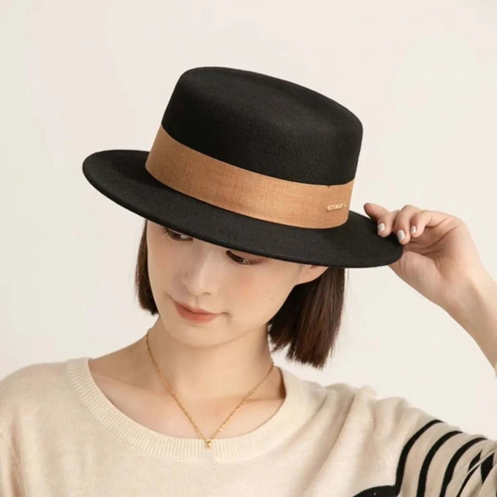 Women's Elegant Woolen Formal Hat Autumn and Winter Black Vintage Lady British Style Flat Top Hat Stage Accessories