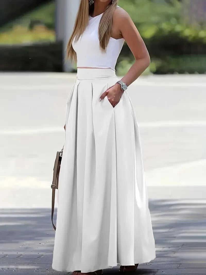 Long Skirts For Women Spring Summer High-waist Solid Color Long Skirt Women's Pocket Commuting A-line Pleated Fashion Long Skirt