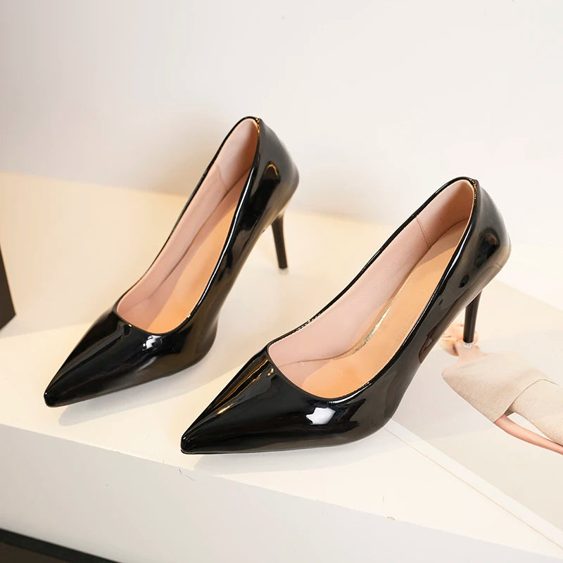 High Heels Pumps for Women Patent Leather Pointed Toe Fashion Daily 7.5cm Heels Shoes Large Size 35-42 Ladies Brand Pumps