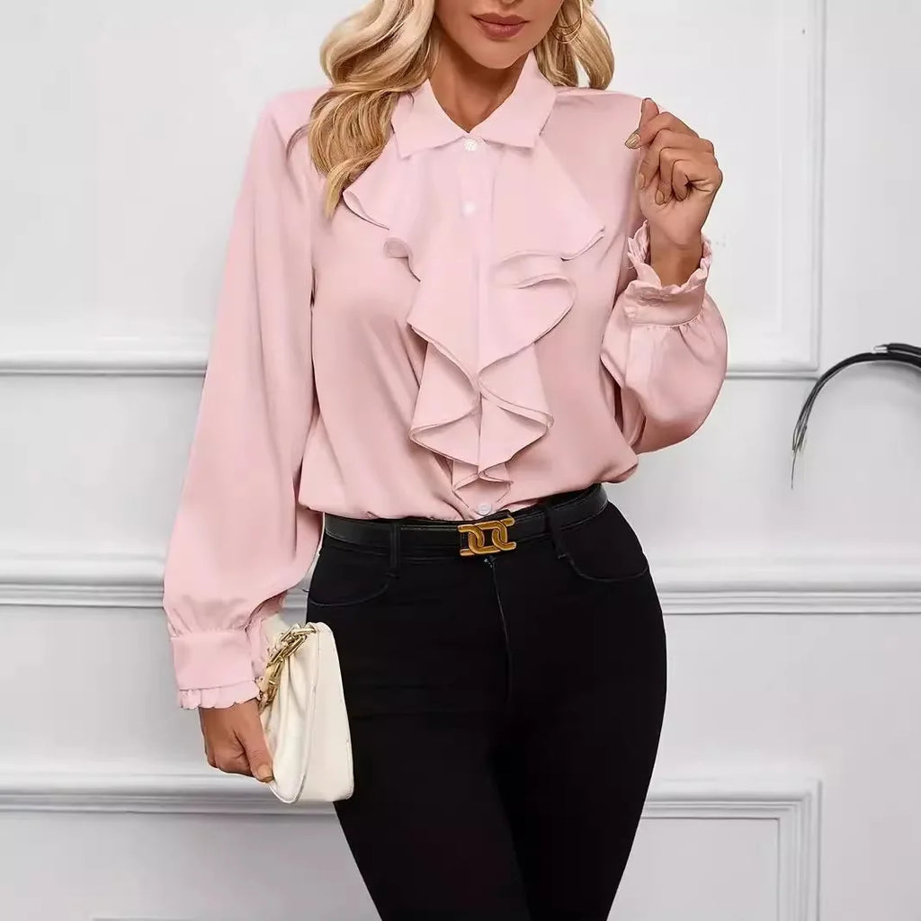 Autumn Fashion Ruffled Collar Solid Color Long Sleeve Shirt for Women Tops Satin-Like Button-Down Elegant Blouse