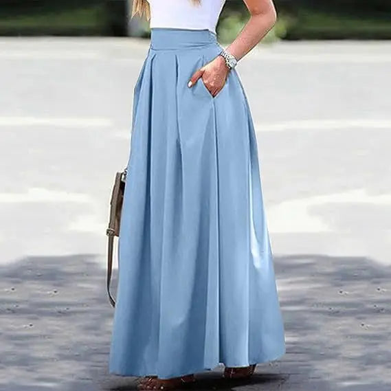 Long Skirts For Women Spring Summer High-waist Solid Color Long Skirt Women's Pocket Commuting A-line Pleated Fashion Long Skirt