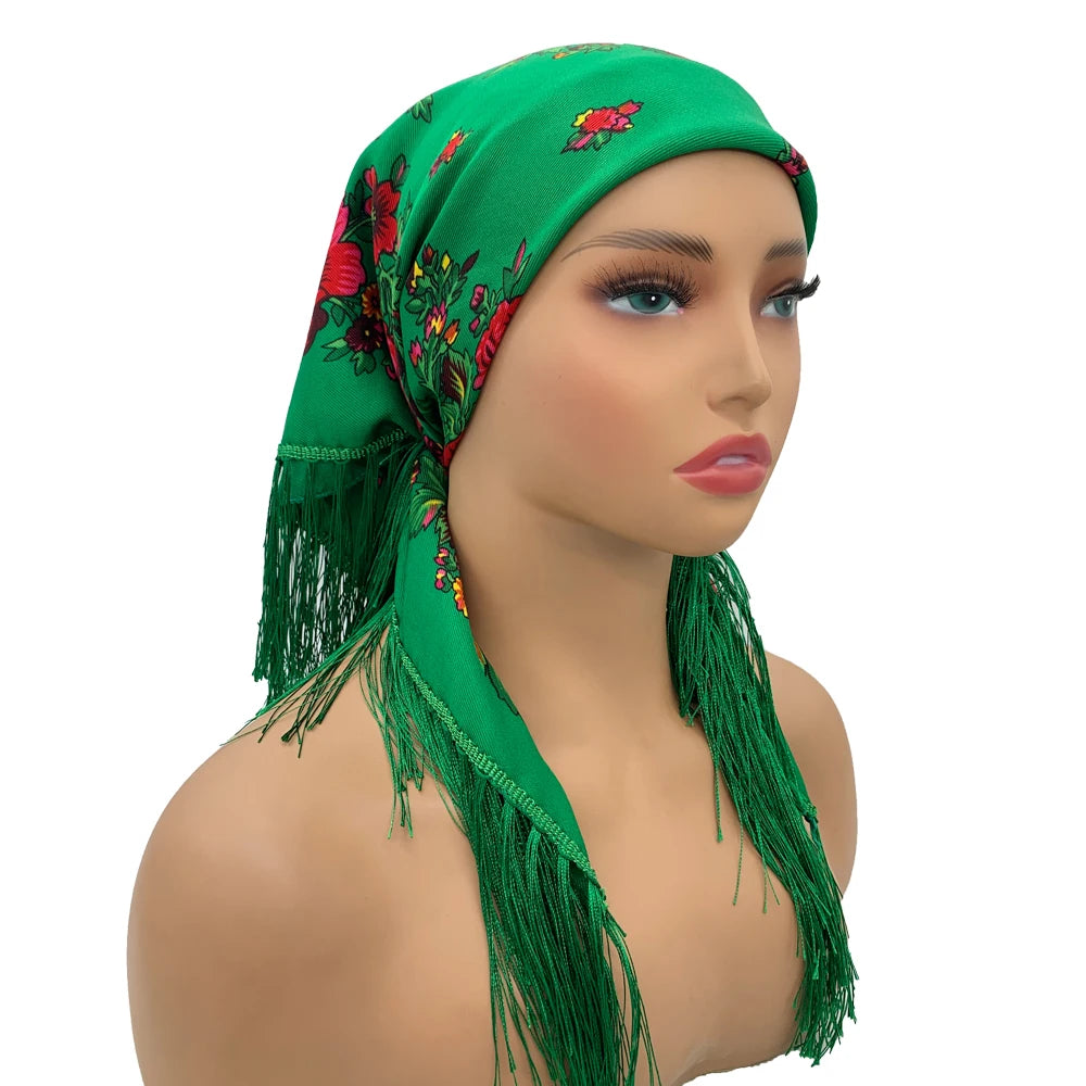 Russian Square Scarf Women Luxury Floral Print Fringed Bandana Scarves Pareo Lady Headband Scarves Babushka Head Wraps