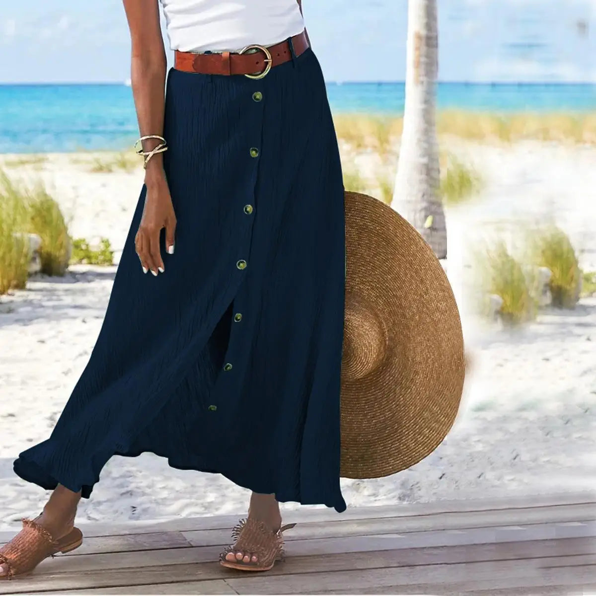 Cotton Linen Button-Front A-Line Maxi Skirt