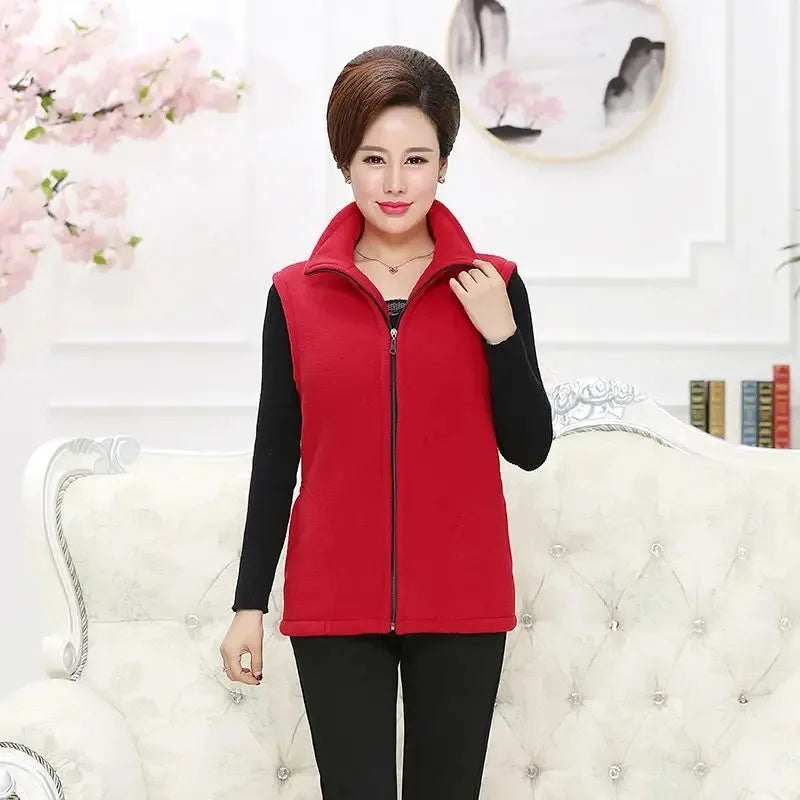 Spring Autumn Women Vest Jacket Middle-Aged Casual Solid Sleeveless Gilet Femme Pocket Short Waistcoat