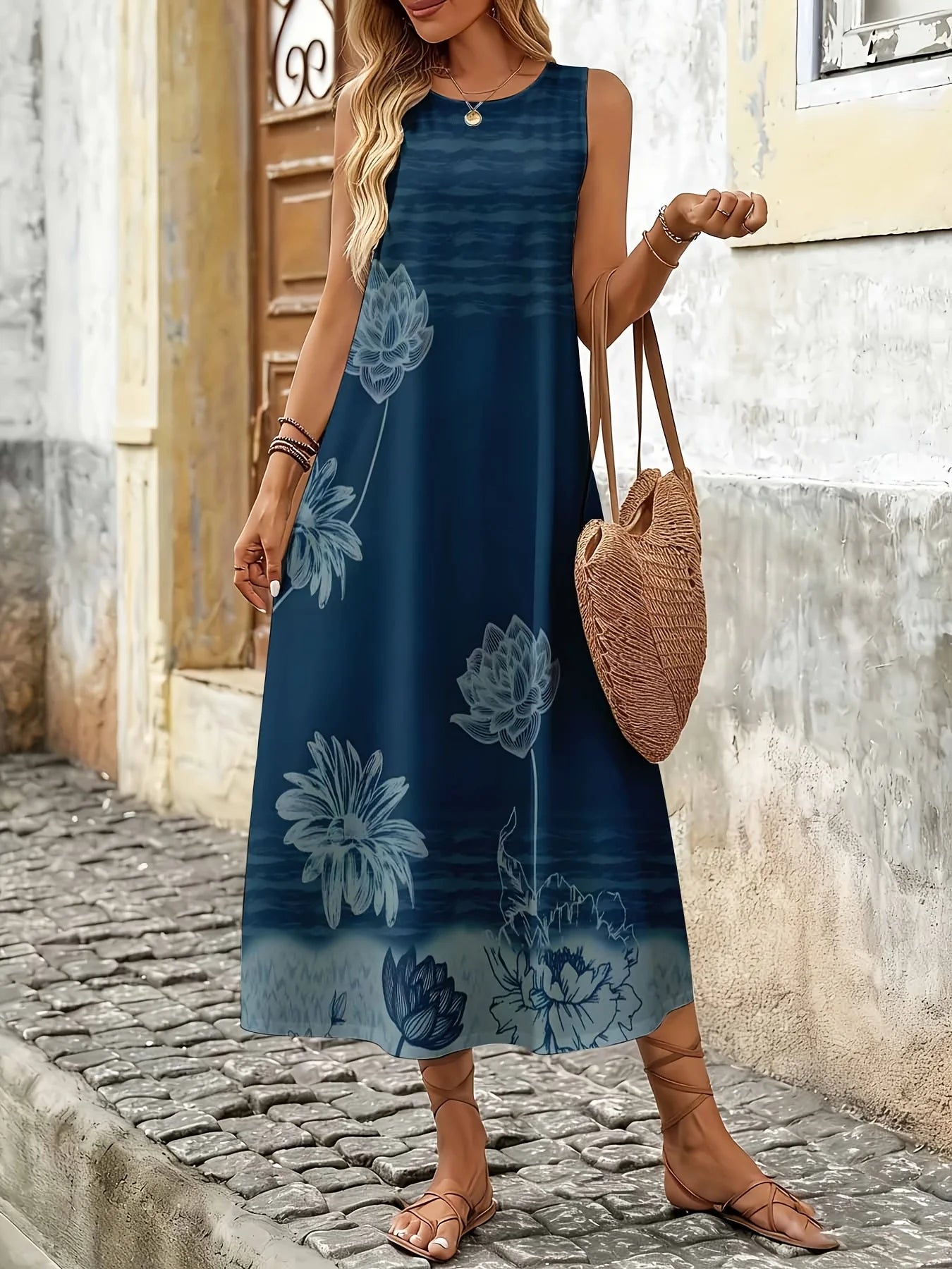 Elegant Sleeveless Midi Dress with Floral Pattern for Casual And Wear Suitable for Leisure And Sports Activities