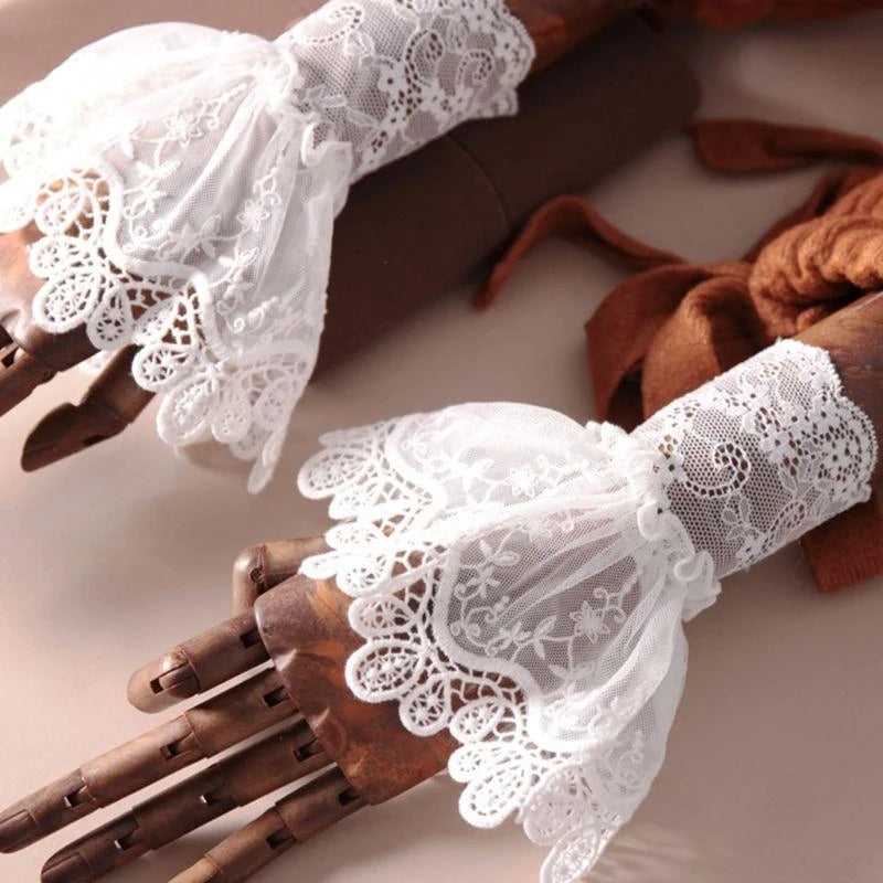 Female Fake Sleeves Hollow Out Crochet Floral Lace Horn Cuffs Embroidery Flounces Ruffles Elastic Wrist Warmers