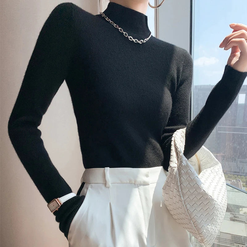 2026 Women's Slim Fit Long Sleeve Base Pullover Knitted Solid Color Turtleneck Sweater French Versatile Autumn Winter Warm Tops
