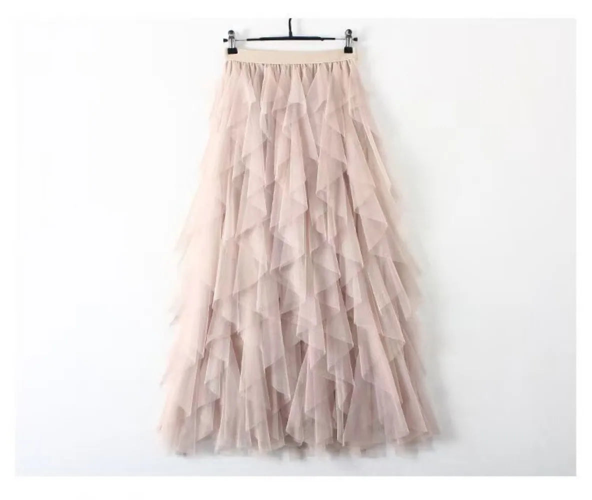2025 New Fashion Tutu Tulle Skirt Women Long Maxi Skirt Spring Summer Korean Black Pink High Waist Pleated Skirt Female One Size