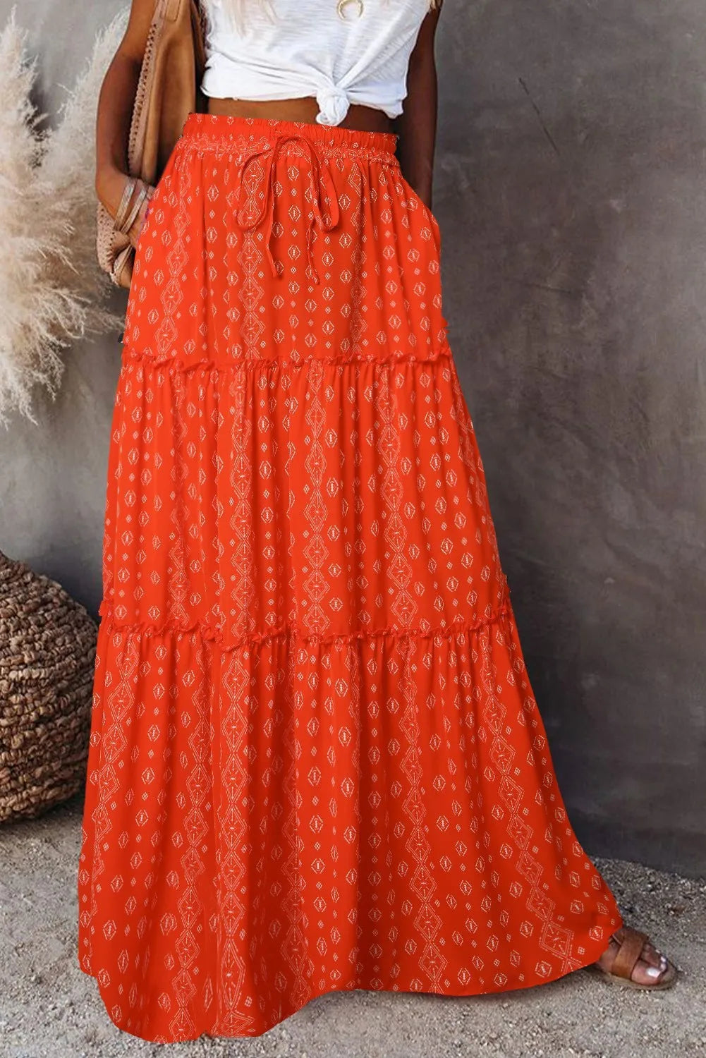 Floral Pocket Belted Pleated Maxi Skirt