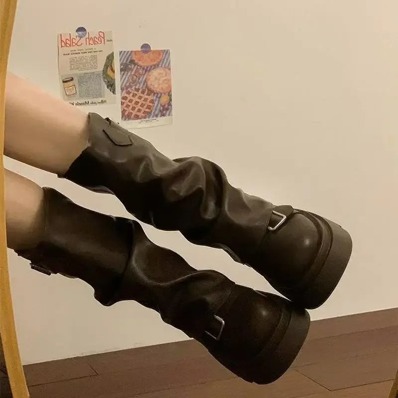 Women  Mid-Calf Women's Boots Platform Modern Boots Women Buckle Square Toe Side Zip Square Heel Shoes Female