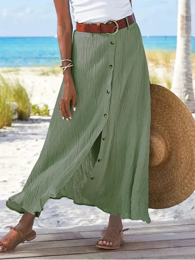 Cotton Linen Button-Front A-Line Maxi Skirt