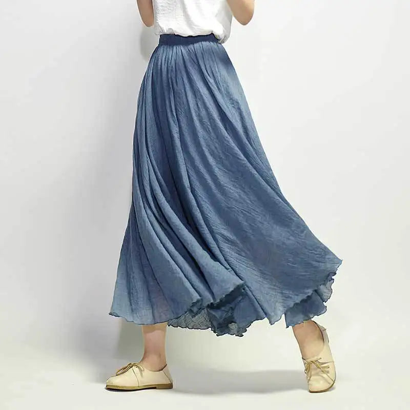 Women's Elegant High Waist Linen Maxi Skirt 2024 Summer Ladies Casual Elastic Waist 2 Layers Skirts saia feminina
