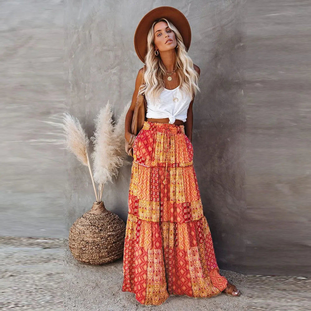 Floral Pocket Belted Pleated Maxi Skirt