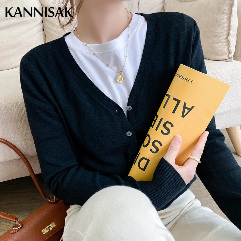 Spring Autumn Women Cardigans Loose Solid Single Breasted V-neck Pink Red Fashion Cardigan Jumpers Knitwear 2025