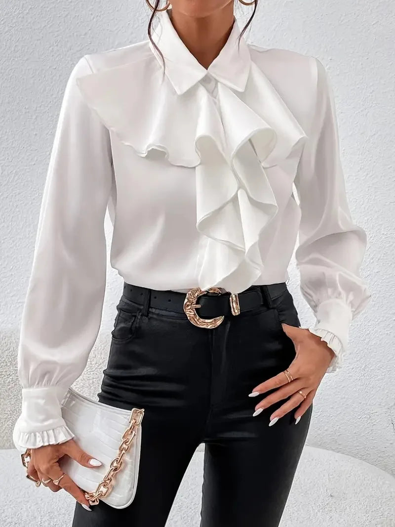 Autumn Fashion Ruffled Collar Solid Color Long Sleeve Shirt for Women Tops Satin-Like Button-Down Elegant Blouse