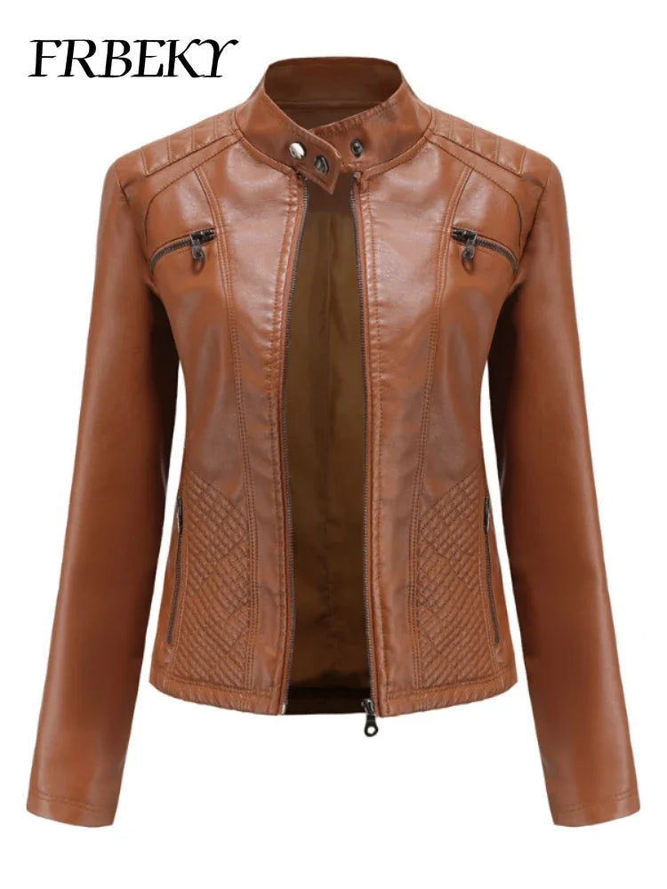 Women coat Autumn New Casual Leather Jacket Standing Collar Long Sleeve Jacket Slim Solid Color Coat Streetwear Zipper Jacket