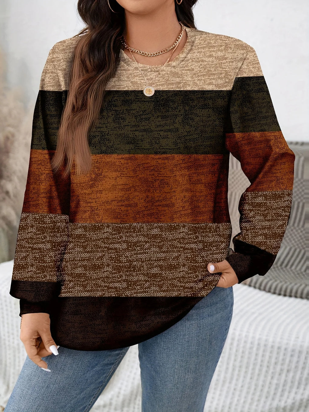 Women's Plus Size Striped Long Sleeve Knit Sweater for Stylish Comfort and Warmth