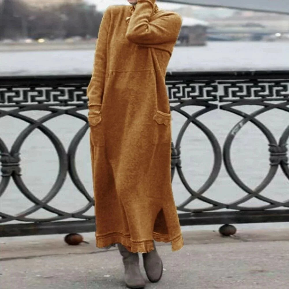 2024 Autumn Winter New Long Dresses For Women Flower Lace Edge Loose Maxi Dress Casual Long Female Solid Color Pocket Vestidos