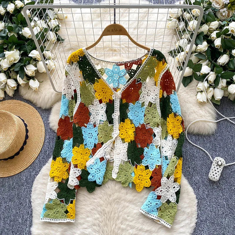 Hollow Out Bohemian Cardigans Women V neck Long Sleeve Colorful Floral Top Fashion Vintage Vacation Beach Loose Blouse