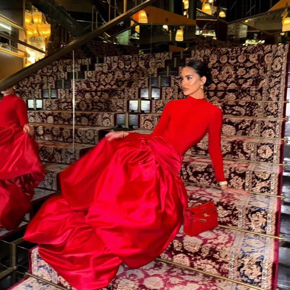 Red Satin Long Maxi Skirts  High Waist Two Layers Women Birthday Skirts Christmas Wear 2026 Celebrity Bridal Skirt