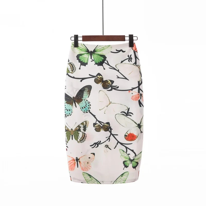Fashion Midi Skirt For Women Flora Printed High Waist Pencil Skirt Female Causal Flower Bodycon Skirt With Slit