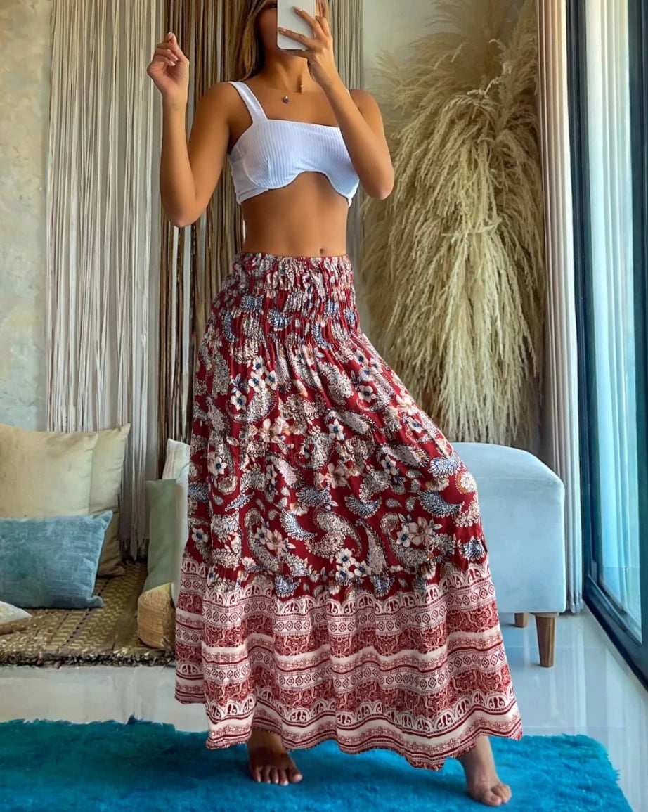 Smocked Tiered Boho Floral Maxi Skirt