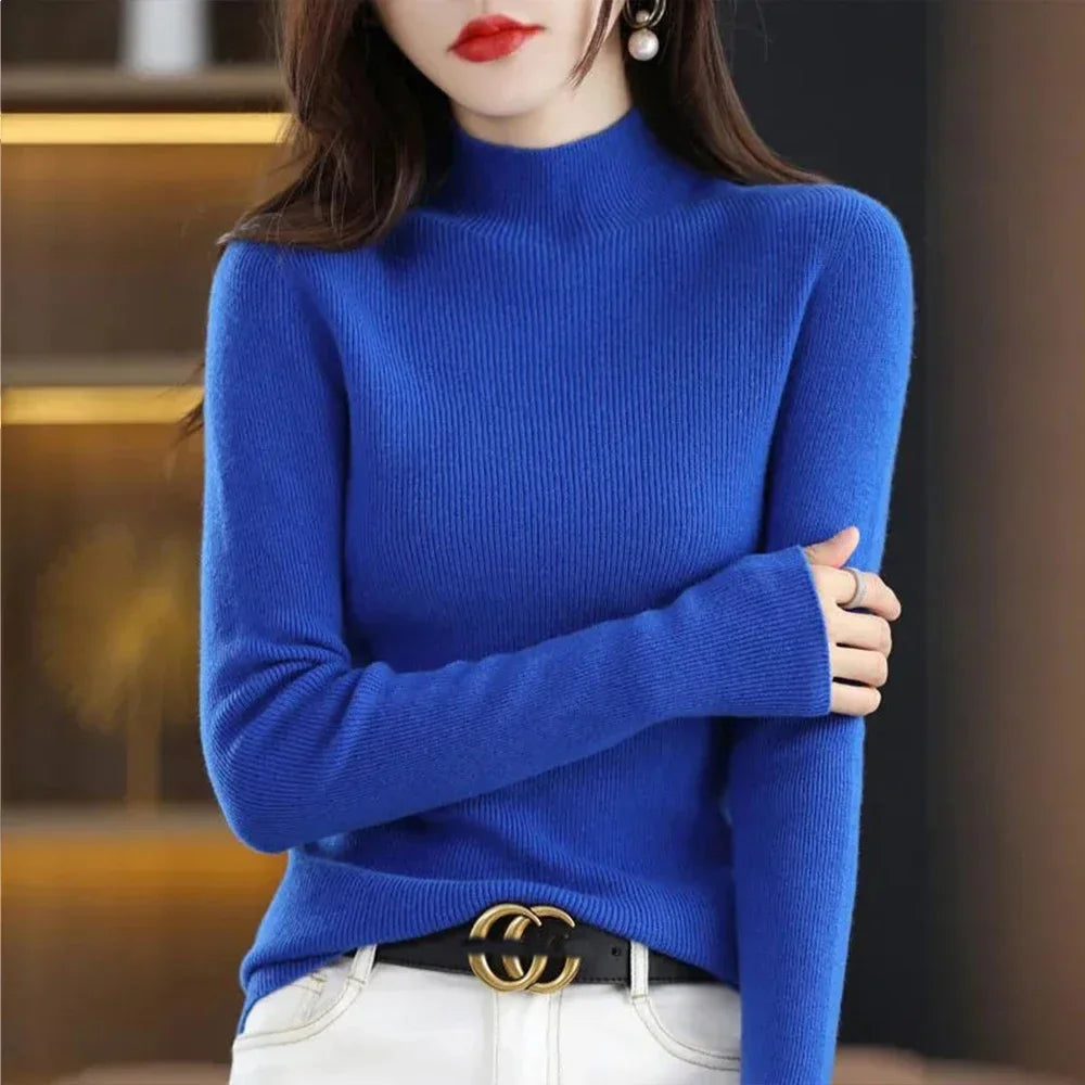 Temperament Pleated Pullover Sweater For Women Long-Sleeve Female S-2XL Siz Half High Collar Underlay Sleeve Sweater Slim Fit